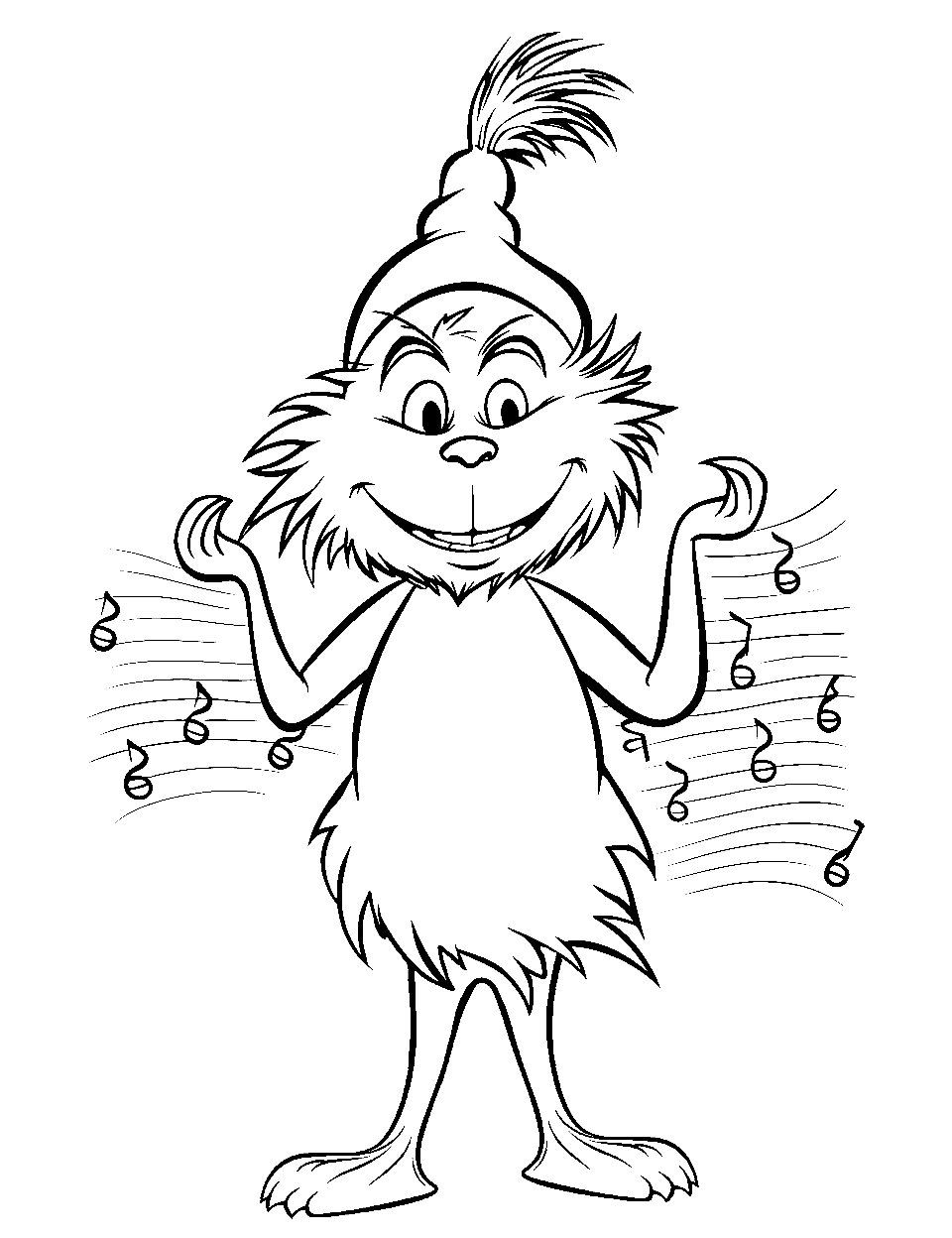 Grinch Singing Coloring Page - The Grinch is singing and musical notes floating and flying around.