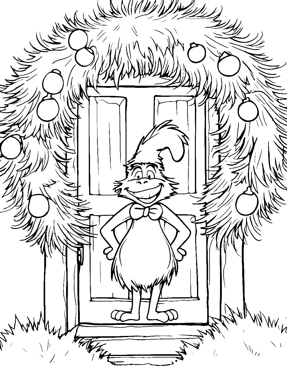 Wreath Hanging Grinch Coloring Page - The Grinch is showing his festive wreath on a door.