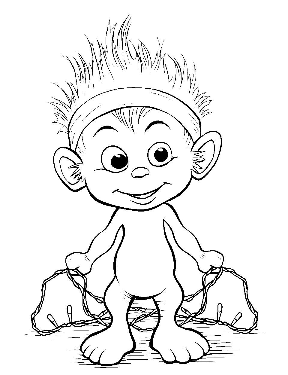Baby Grinch’s Innocence Coloring Page - A cute baby Grinch is playing with colorful Christmas lights.