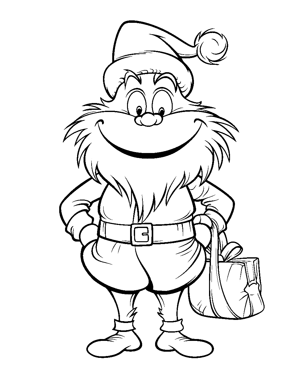 Santa Suit Wearing Grinch Coloring Page - The Grinch is wearing a Santa suit with a bag of gifts.