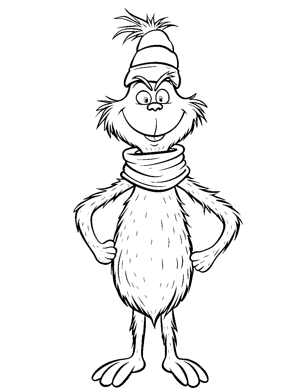 Festive Muffler Wearing Grinch Coloring Page - The Grinch is wearing a festive muffler and looks cozy.