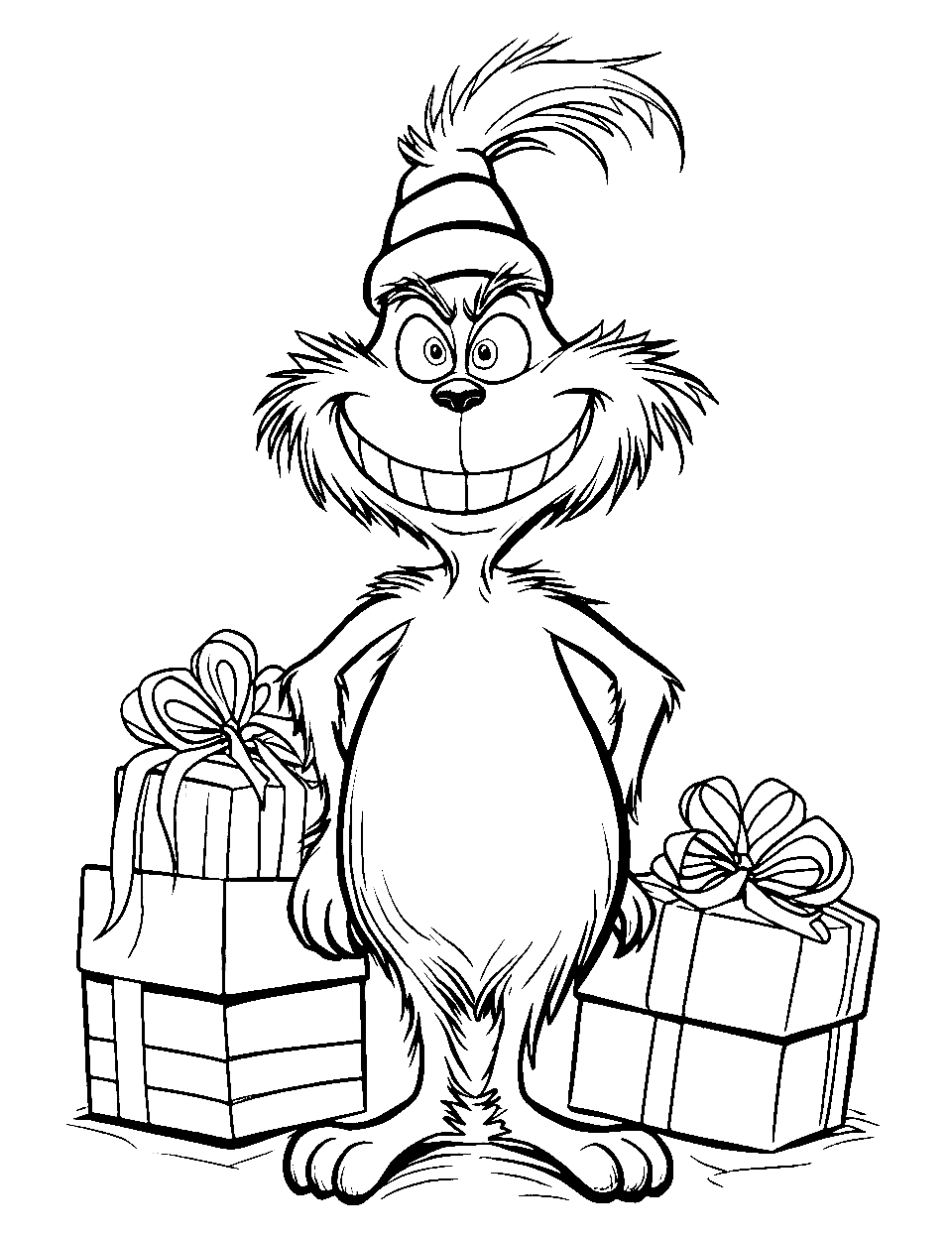 Stolen Gift Coloring Page - The Grinch with stolen gifts behind him, and he is showing his evil grin.