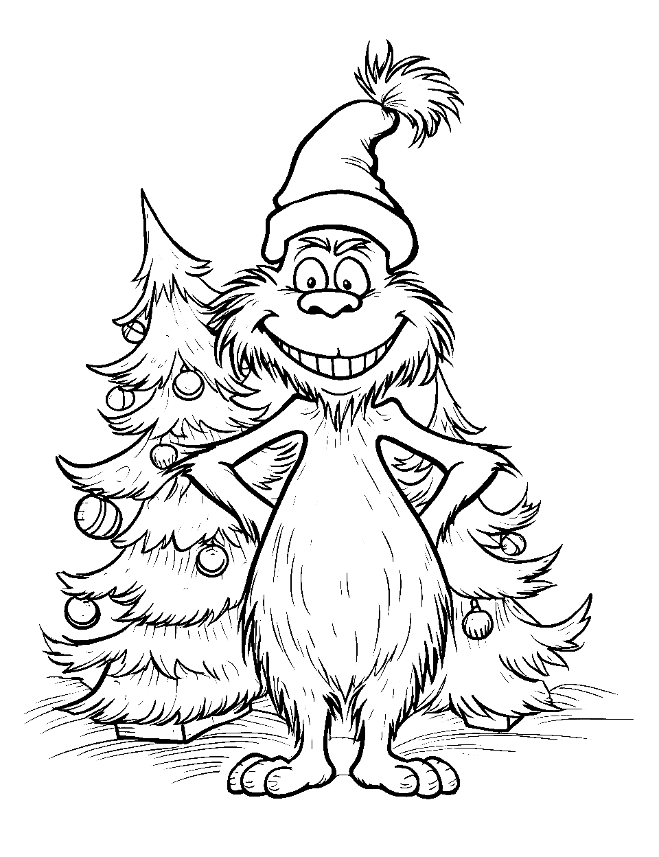 Grinch and Christmas Tree Coloring Page - The Grinch and his big, fully decorated Christmas trees.