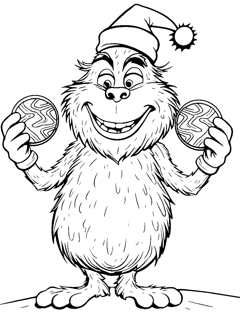 Grinch and Cookie Coloring Page - Grinch holding Christmas cookies ready to eat in one bite.