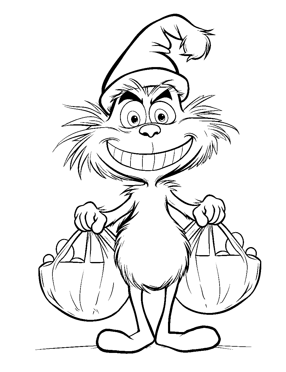 Candy Bag Holding Grinch Coloring Page - The Grinch is holding a bag filled with candy.