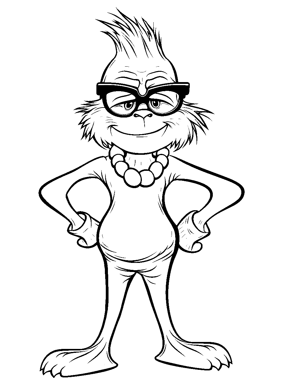 Cool Grinch Stance Coloring Page - The Grinch is striking a cool pose, wearing glasses and a chain.