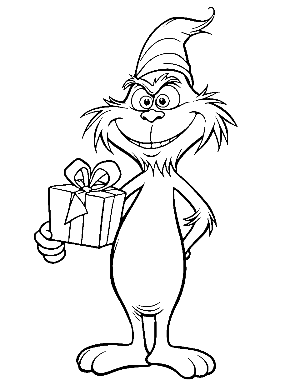 Happy Grinch Coloring Page - The Grinch, with a broad smile, holding a gift in his hand.