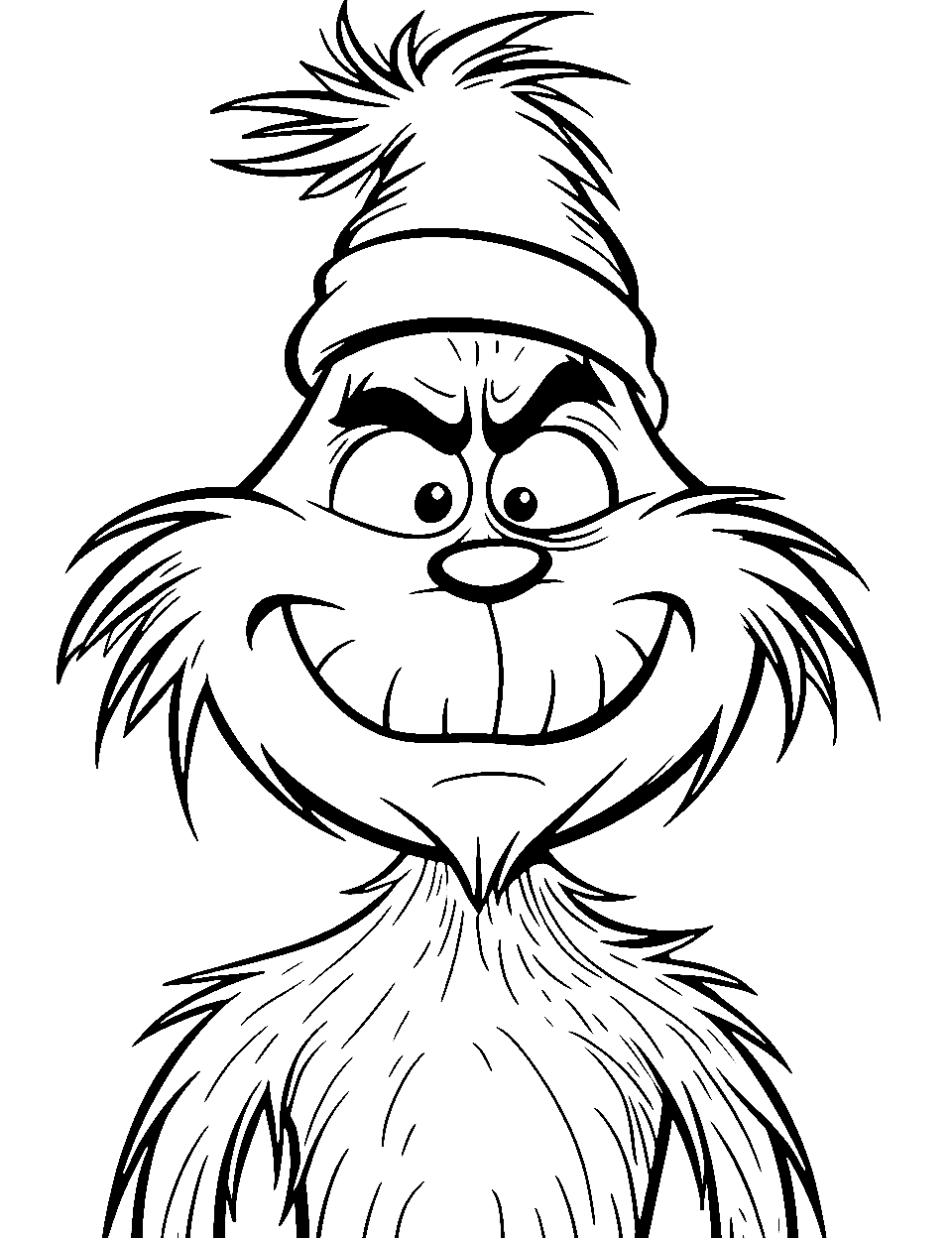 Grinch Face Close-Up Coloring Page - A close-up of the Grinch’s face showing detailed expressions.