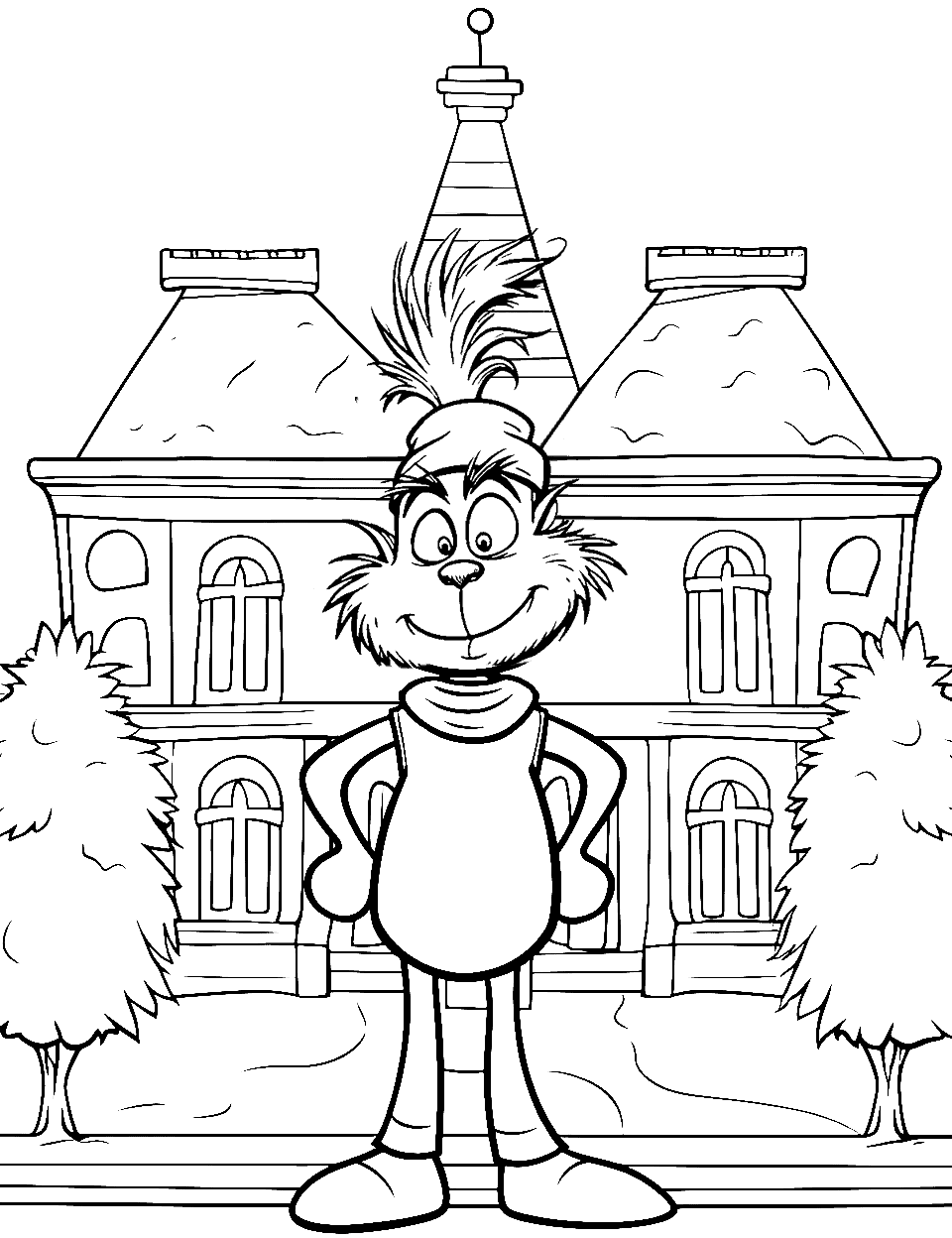 School Day Grinch Coloring Page - Young Grinch is standing in front of a school building, ready for his first day.