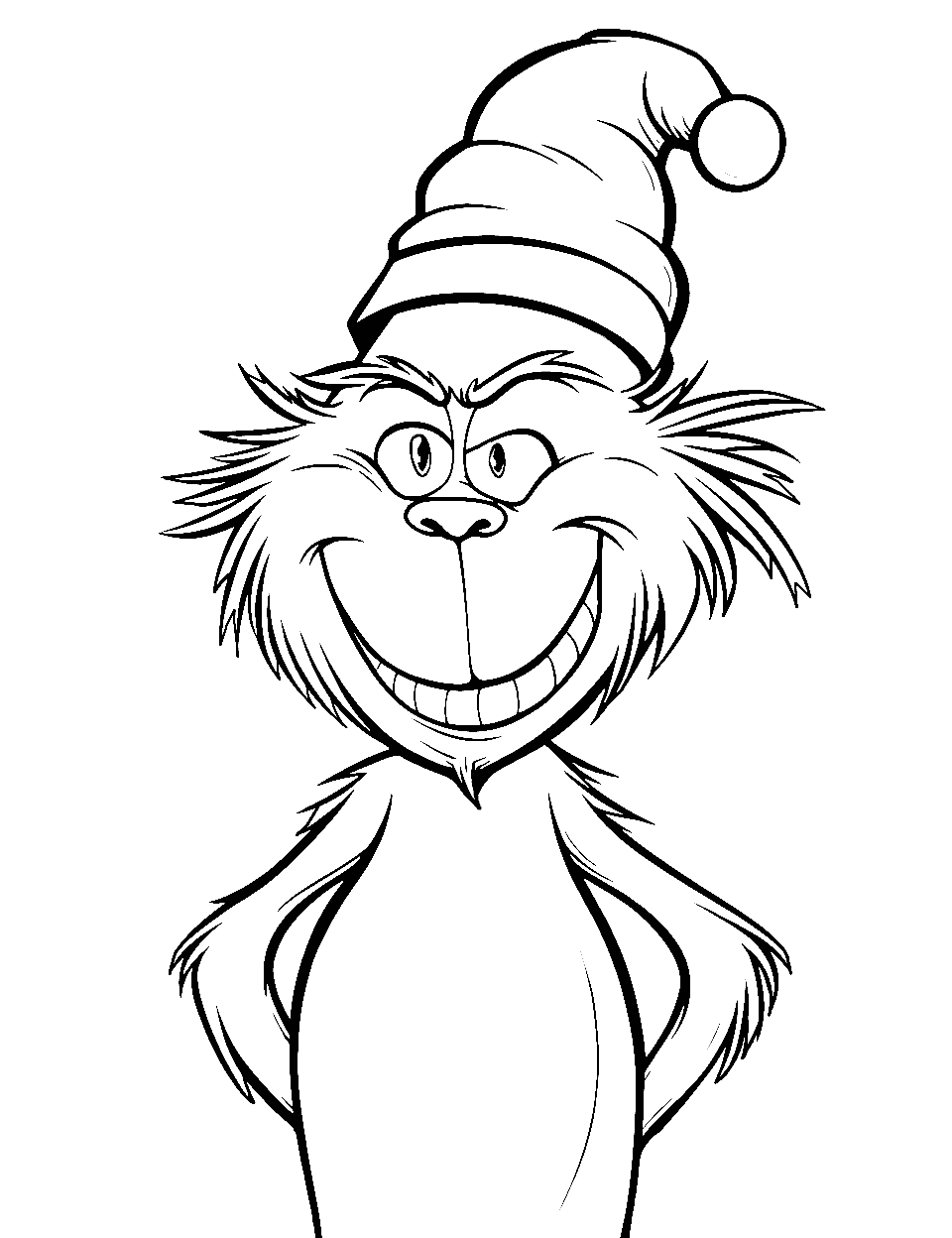 Grinch Head Closeup Coloring Page - A detailed closeup of the Grinch’s head shows his expression.