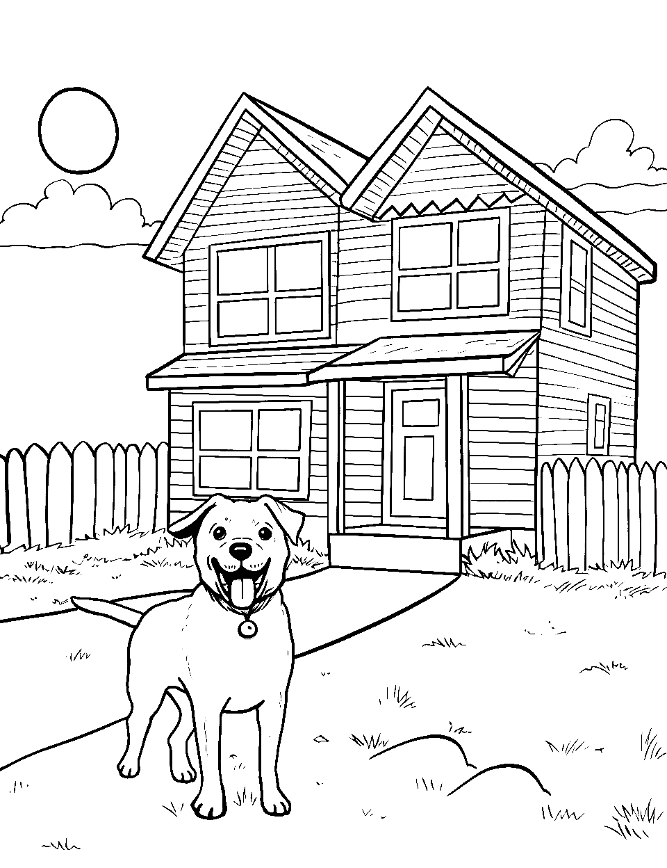 Joyful Dog in the Yard Coloring Page - A happy dog playing in front of a simple suburban house.