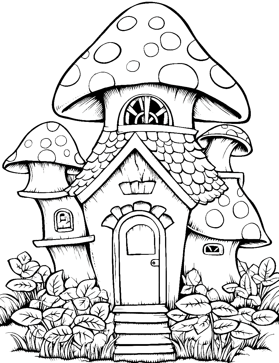 Serene Fairy Abode House Coloring Page - A delicate fairy house nestled among mushrooms.