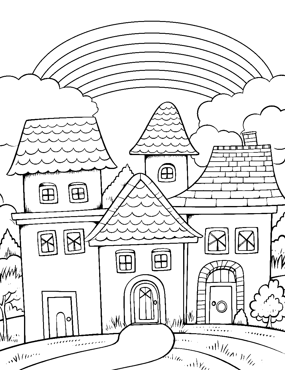 Rainbow Over Town Coloring Page - A village of houses under a magnificent rainbow.