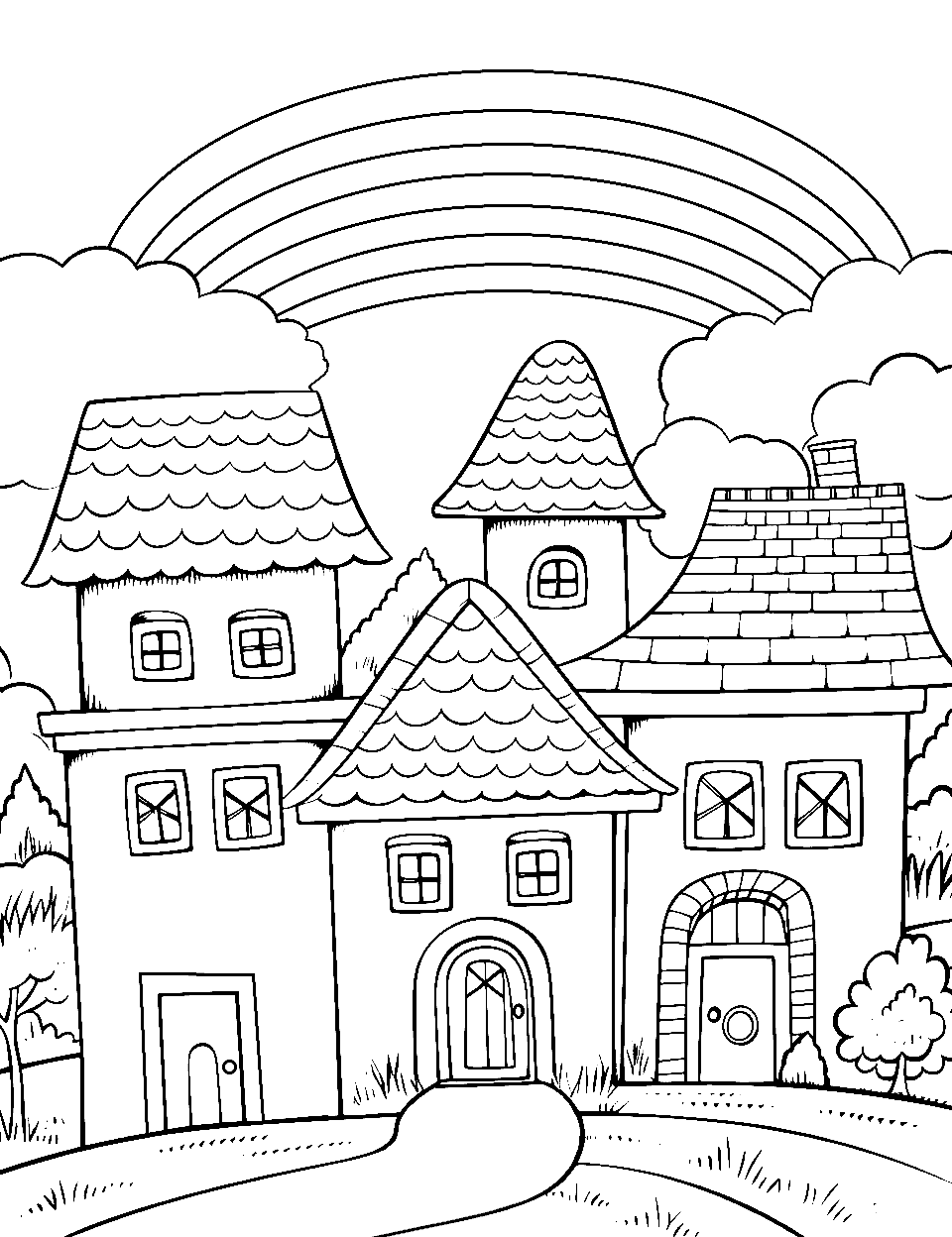 Rainbow Over Town House Coloring Page - A village of houses under a magnificent rainbow.