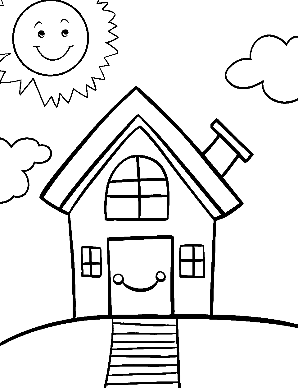 Peaceful Easy Design Coloring Page - A basic, easy-to-color house with a smiling sun in the sky.