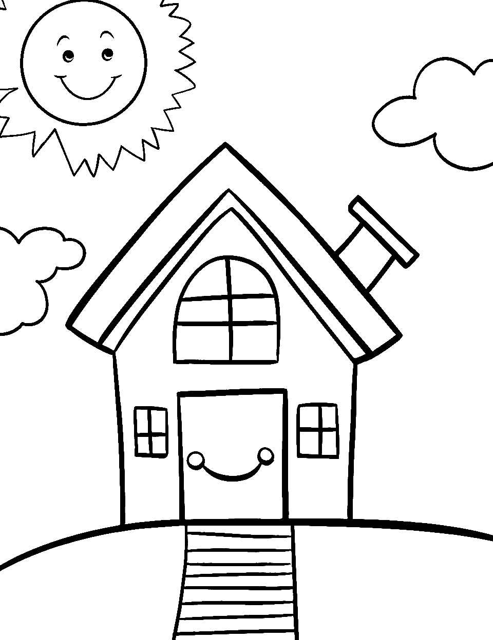 Peaceful Easy Design House Coloring Page - A basic, easy-to-color house with a smiling sun in the sky.