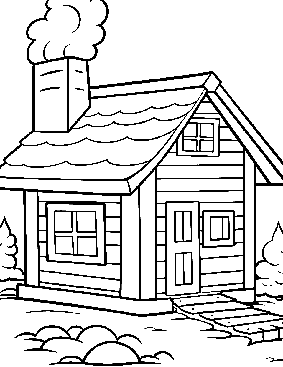 Rustic Log Cabin House Coloring Page - A log cabin with smoke from the chimney.