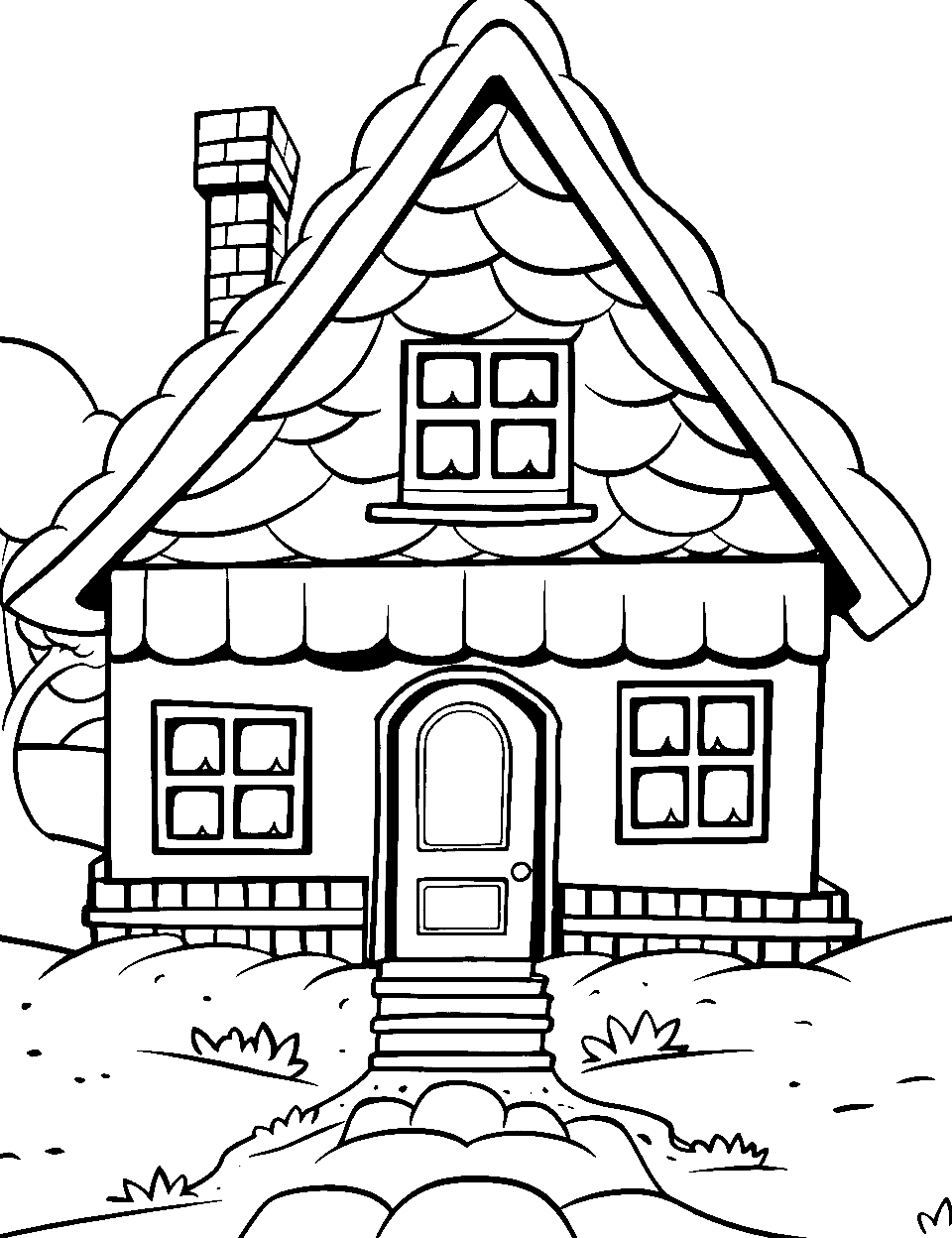 Winter Wonderland House Coloring Page - A house gently blanketed by snow in the winter.