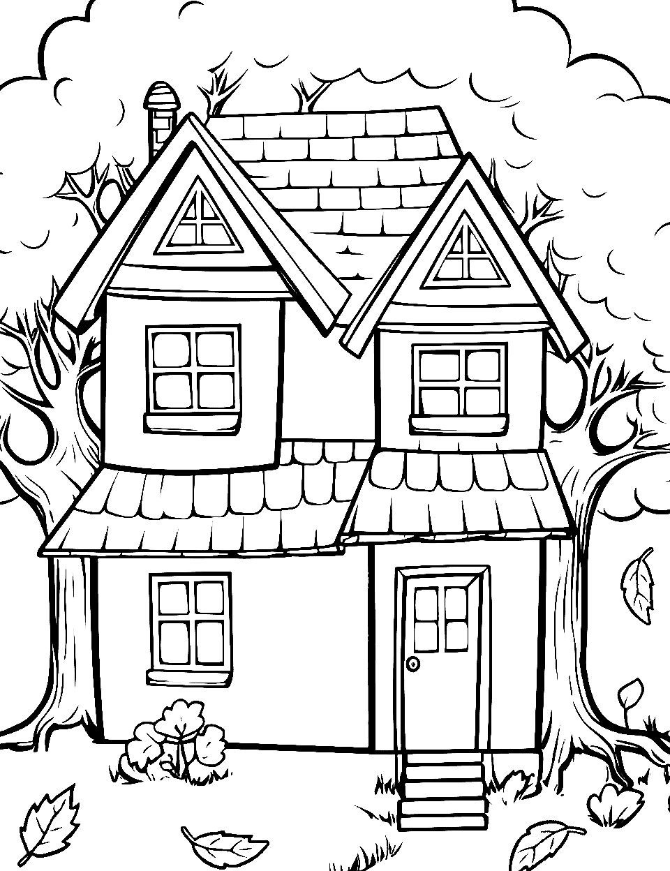 Autumnal Harvest Home Coloring Page - A house surrounded by trees shedding autumn leaves.