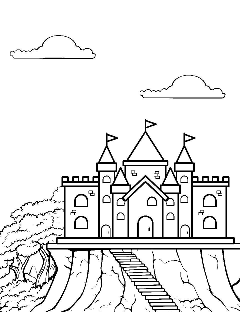 Majestic Castle View Coloring Page - A huge detailed castle on top of a mountain.
