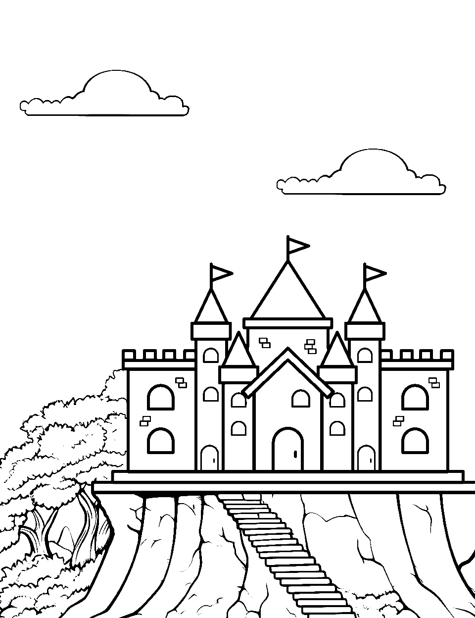 Majestic Castle View House Coloring Page - A huge detailed castle on top of a mountain.