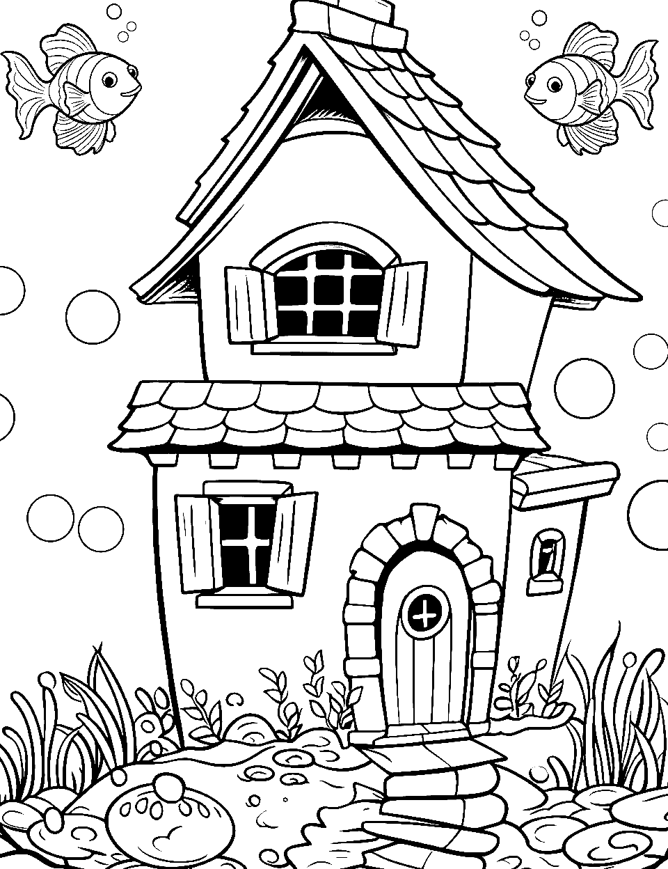 Underwater Fantasy Coloring Page - A submerged house with fishes swimming around.