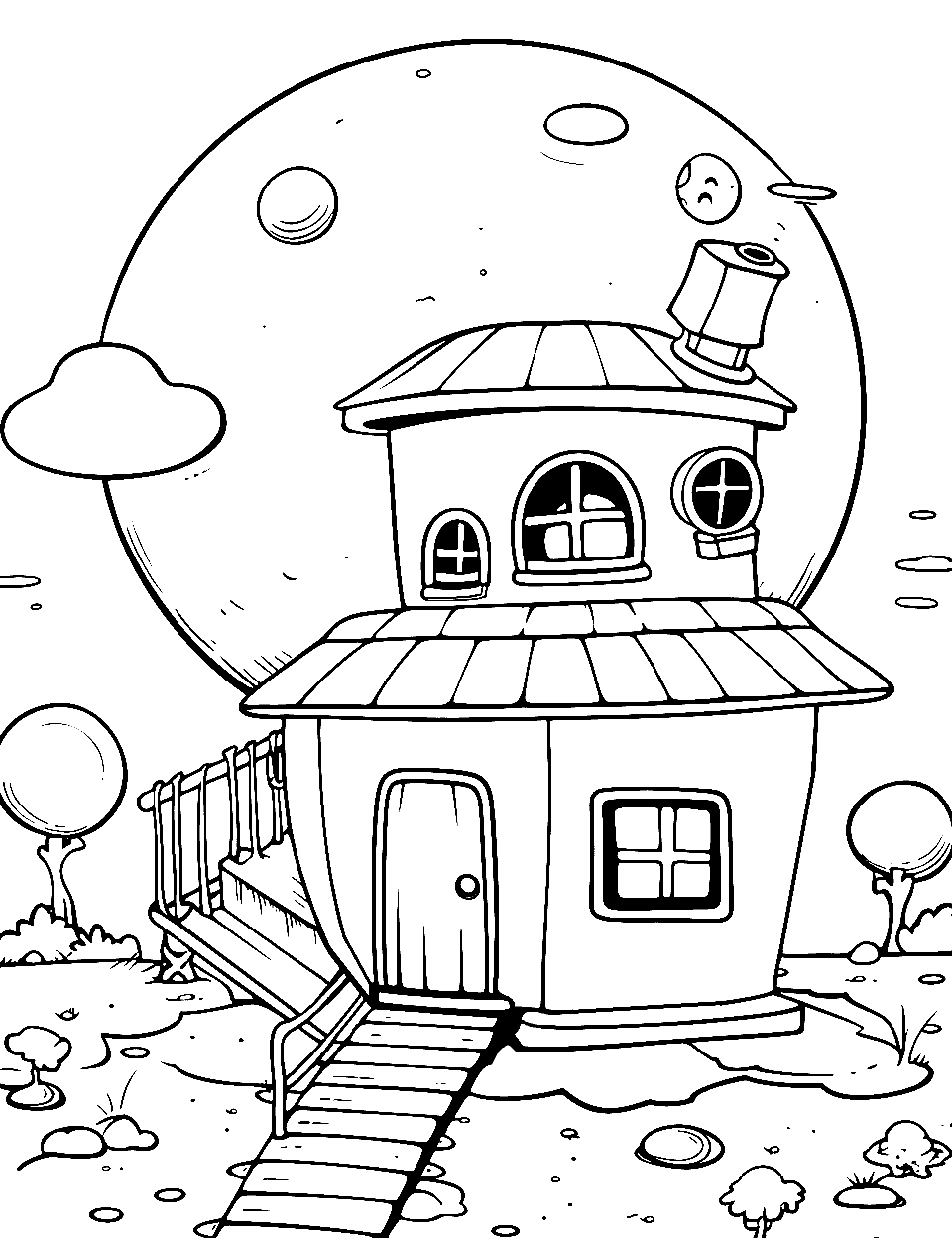 Futuristic Space Habitat House Coloring Page - A futuristic house on a distant planet.