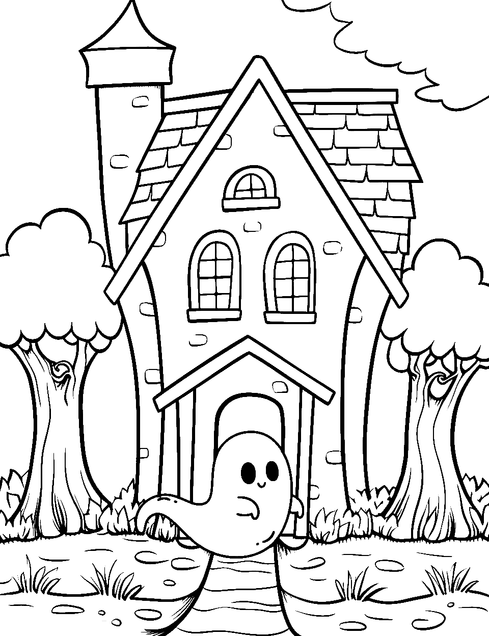 Spooky Halloween Scene Coloring Page - A haunted house with a single ghost in the entrance door.