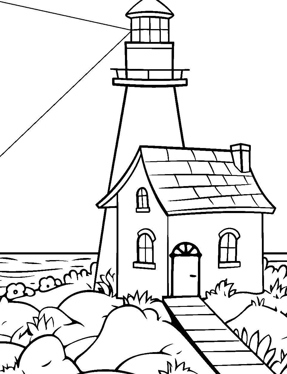 Lofty Lighthouse Living House Coloring Page - A lighthouse overlooking the sea.