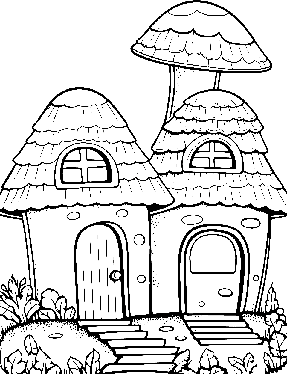 Cute Mushroom Cottages House Coloring Page - Tiny houses shaped like mushrooms.