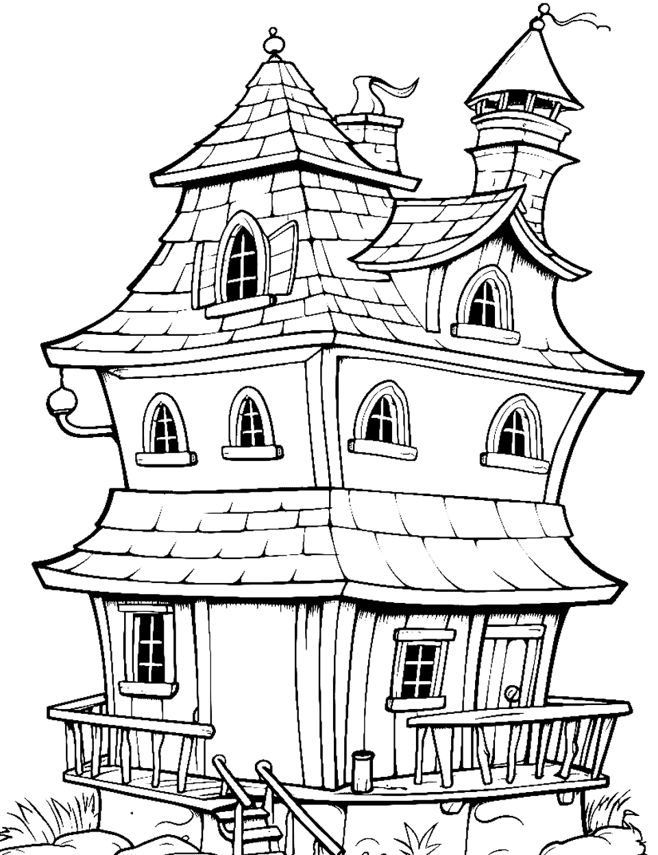 Adventurous Pirate House Coloring Page - A house-shaped uniquely dubbed pirate den for pirates to live in.