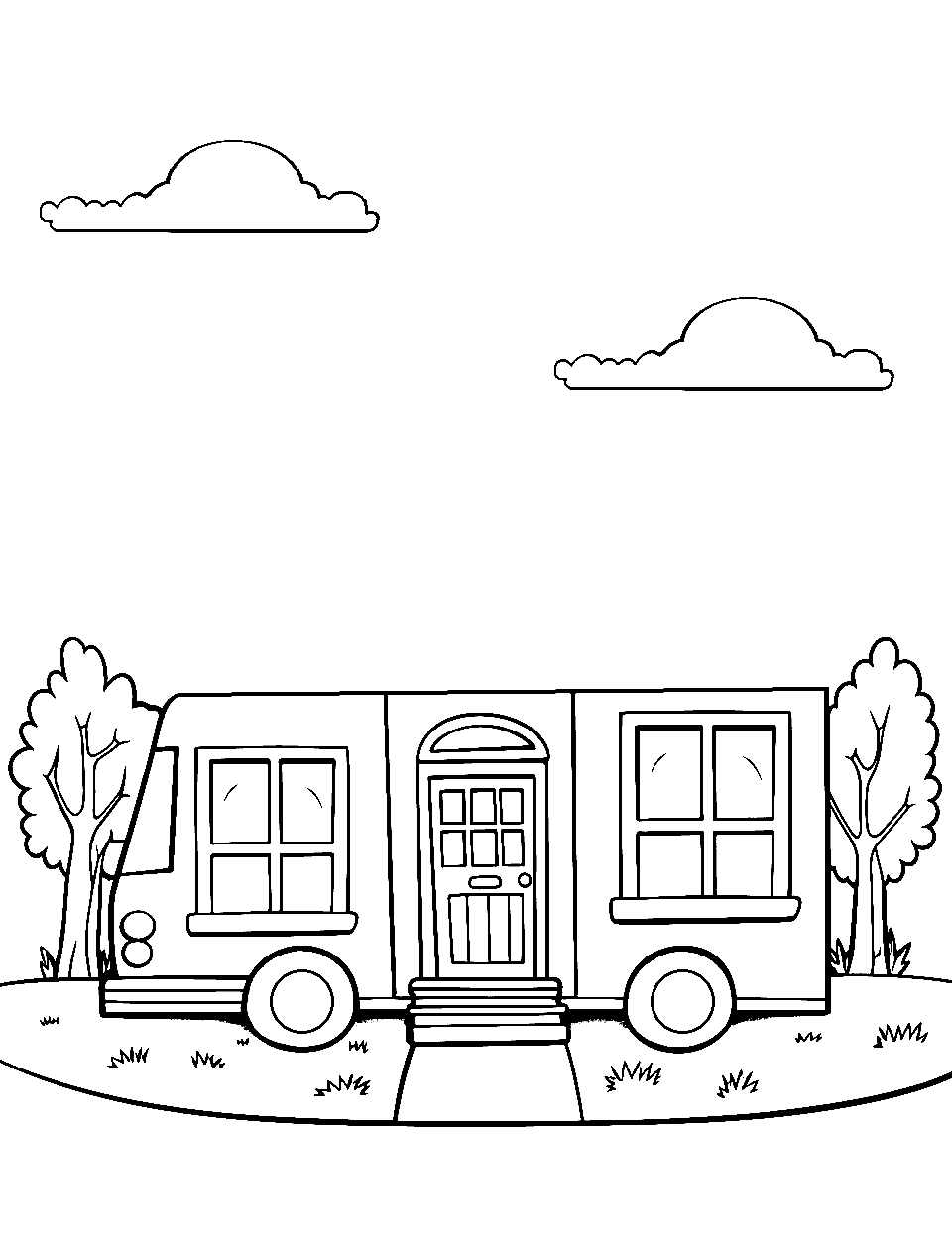 School Bus Abode Coloring Page - A house in the shape of a school bus.