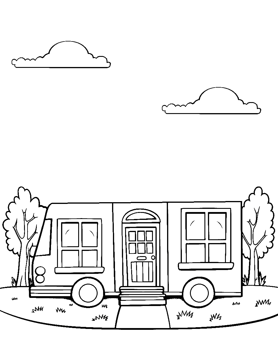 School Bus Abode House Coloring Page - A house in the shape of a school bus.