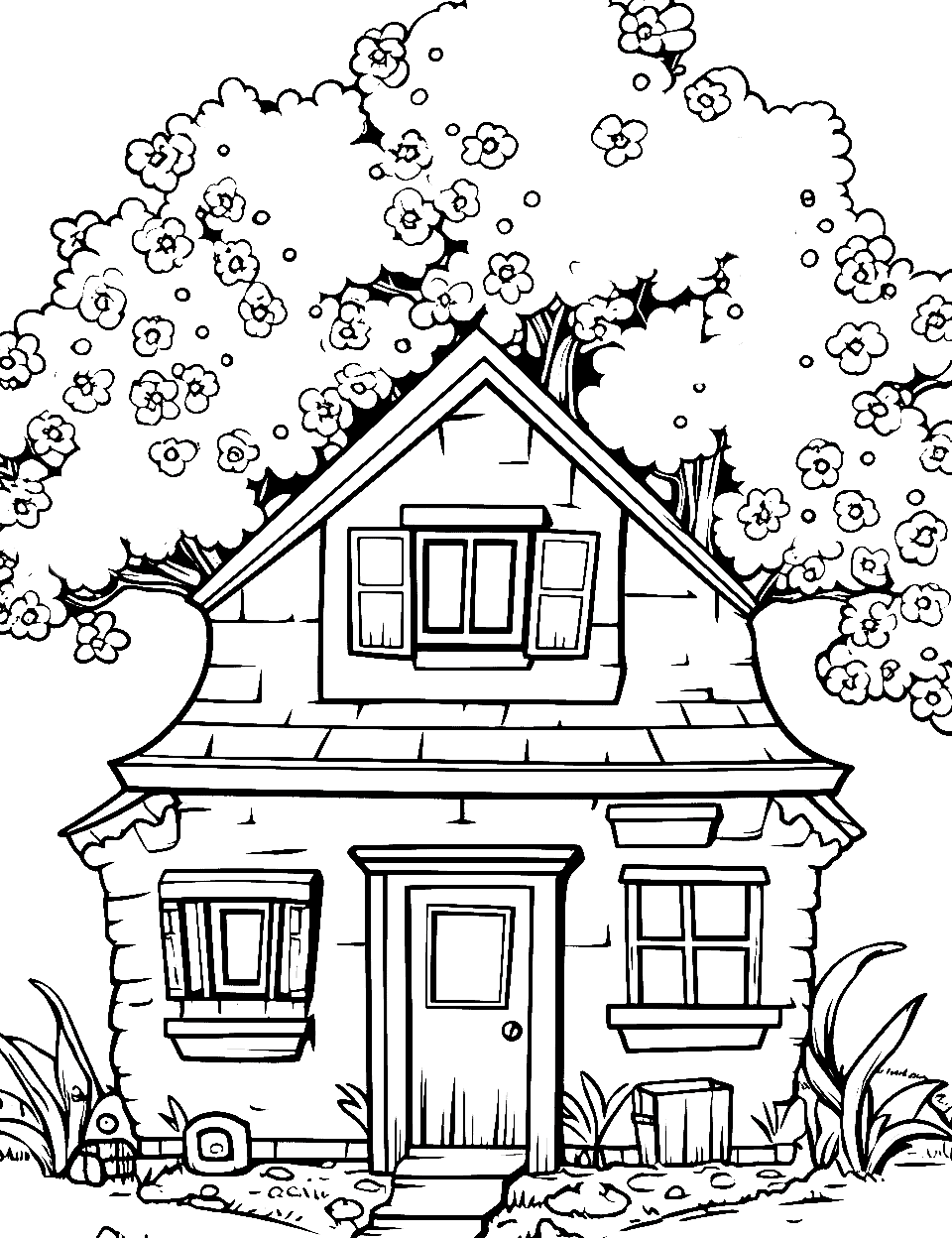 Blossoming Cherry Tree Home Coloring Page - A house under a cherry tree in full bloom.