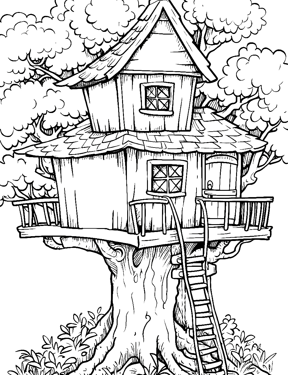 Jungle Tree House Coloring Page - A tree house in a jungle scene.