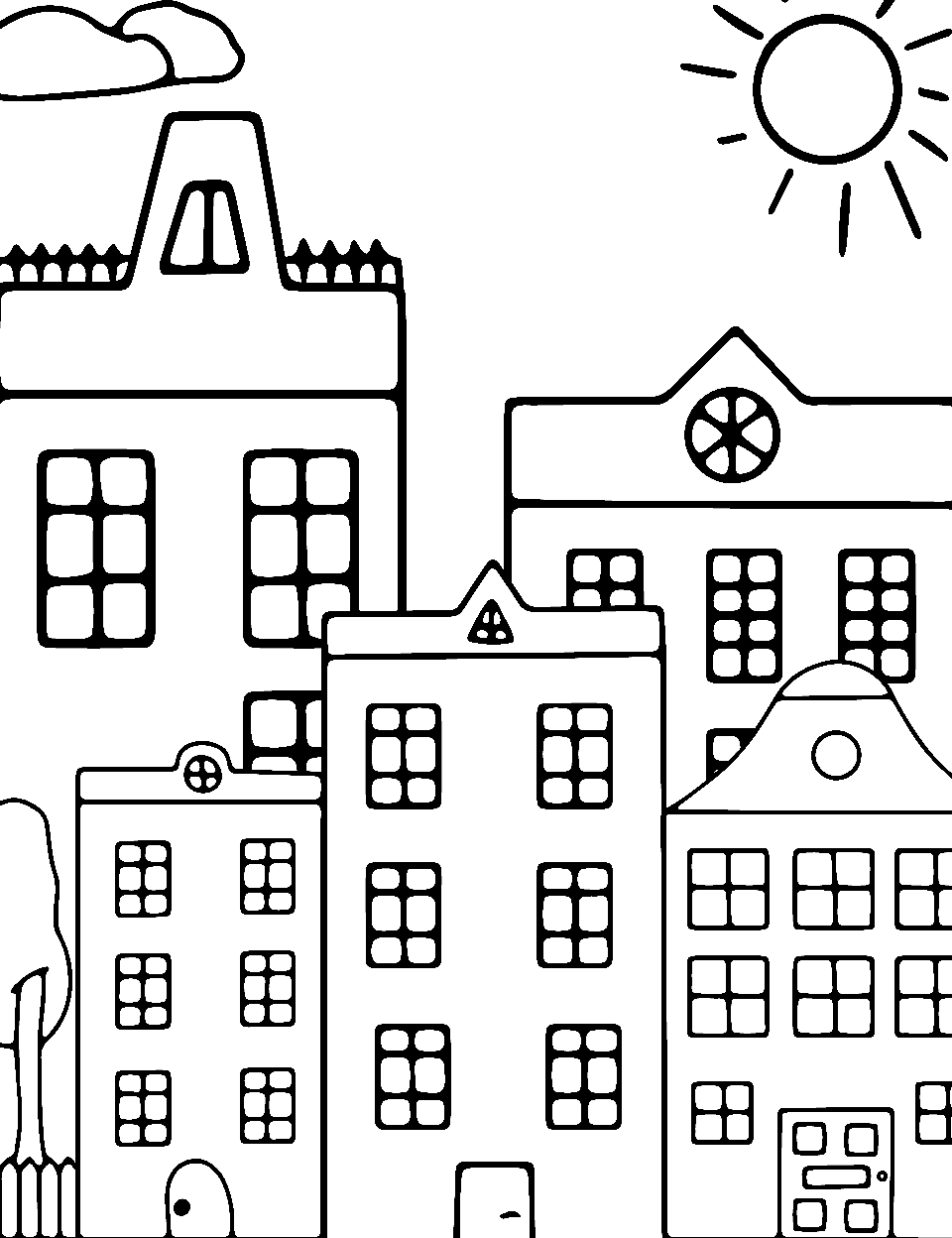 Busy Urban Apartment House Coloring Page - A big, detailed apartment building in an urban city setting.