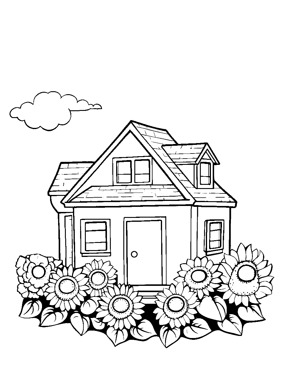 Sunny Flower House Coloring Page - A house in the middle of big blooming flowers.