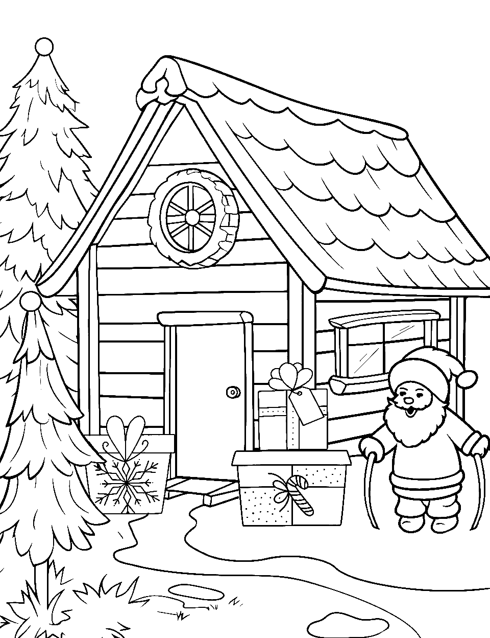 Santa Outside Cabin Coloring Page - Santa standing with gifts outside a cozy log cabin.