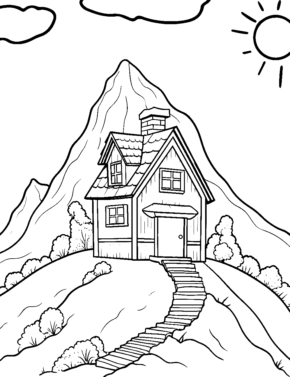 Mountain Top Retreat House Coloring Page - A house on a mountain peak.