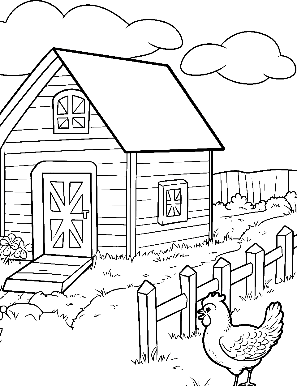 Barnyard Fun Coloring Page - A barn house with a rooster outside.