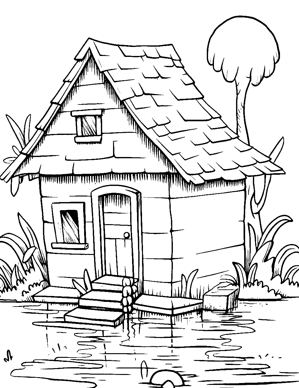 Eerie Swamp Shack House Coloring Page - A shack in a swamp with an eerie-looking environment.