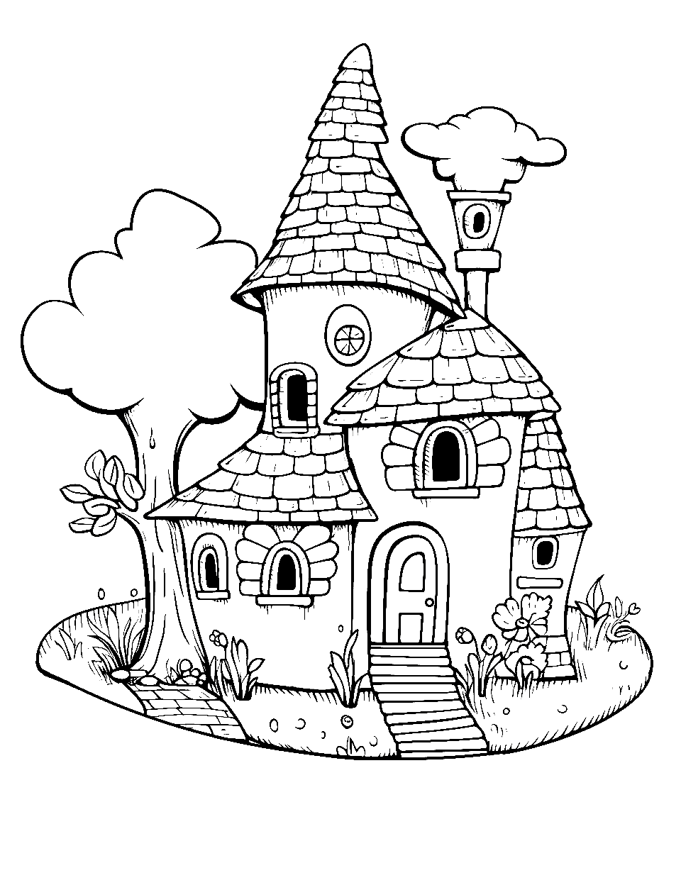 Surreal Dream Home Coloring Page - A whimsical house in a lush, dreamy landscape.