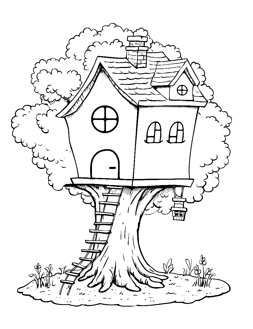 Daring Tree House Coloring Page - A tall descending ladder from a fun tree house.