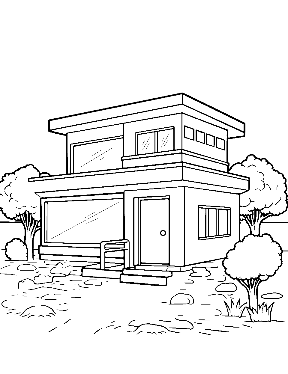 Modern Architectural Wonder House Coloring Page - A sleek, modern house with large windows.