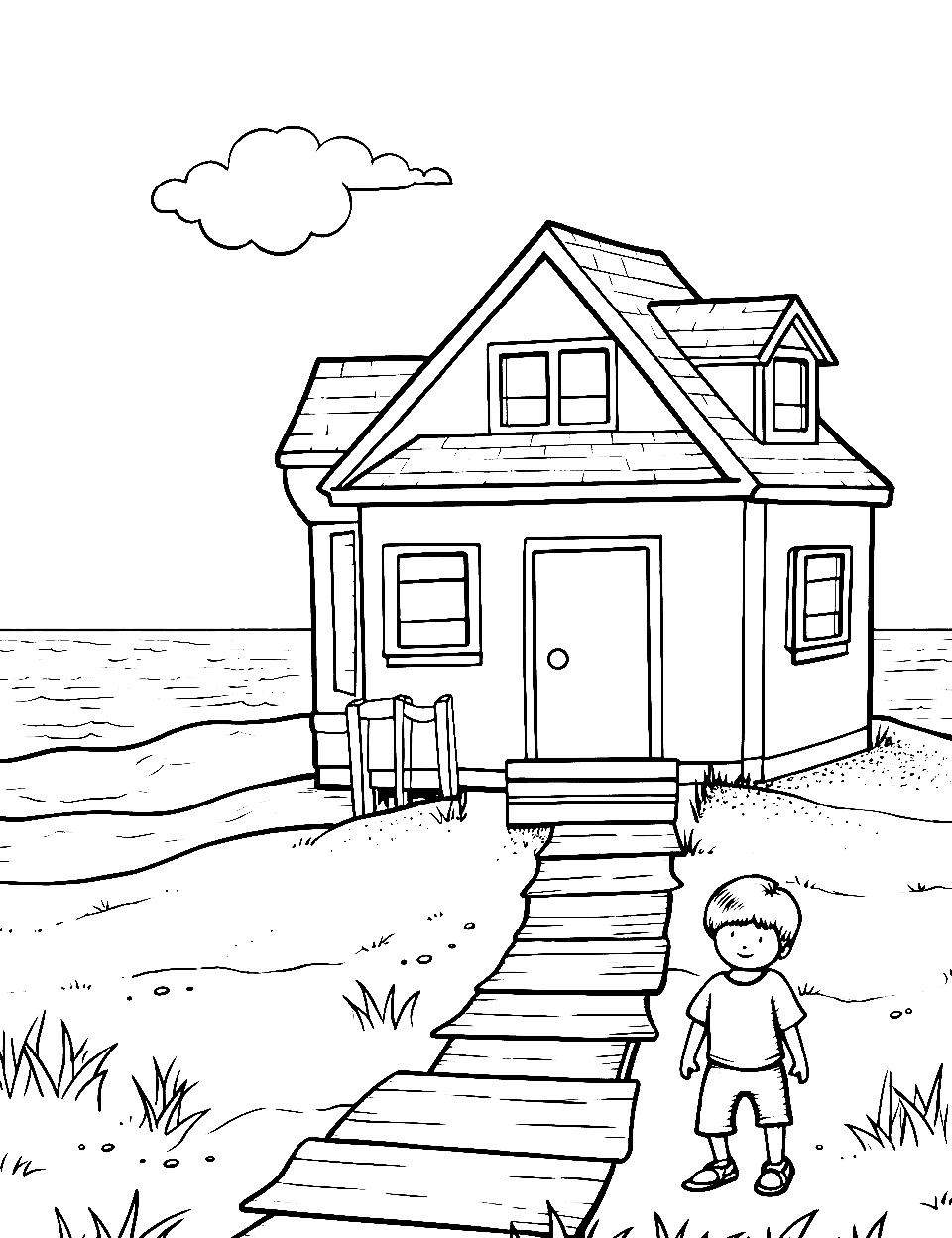 Playful Beach Day Coloring Page - A beach house with a child playing outside.
