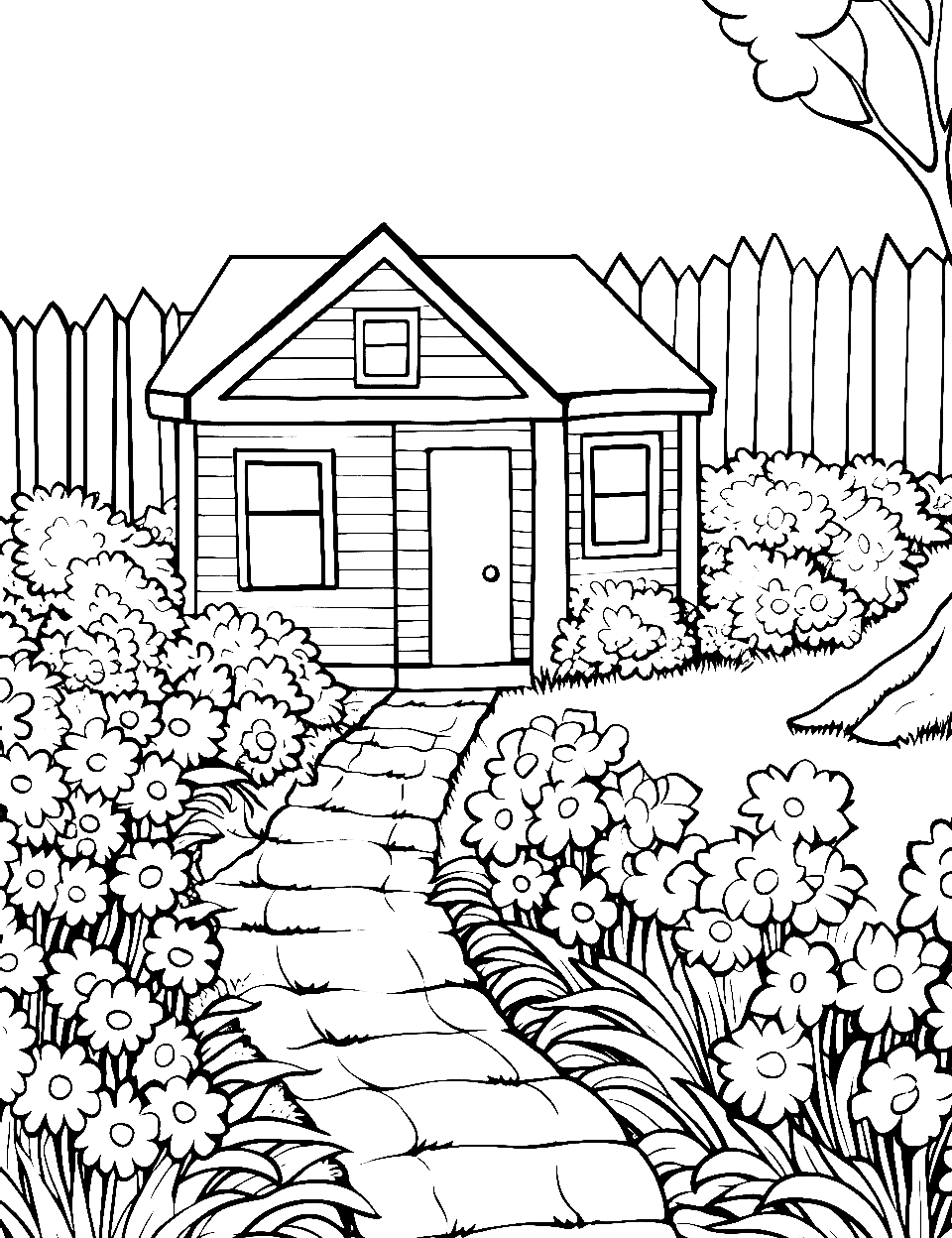 Bountiful Garden Path Coloring Page - A family house with a vibrant garden.