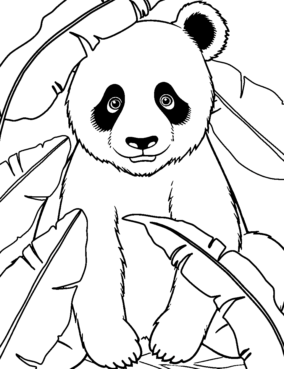 Giant Panda Amidst Leaves Coloring Page - A giant panda is gently navigating through a calm and leafy environment.