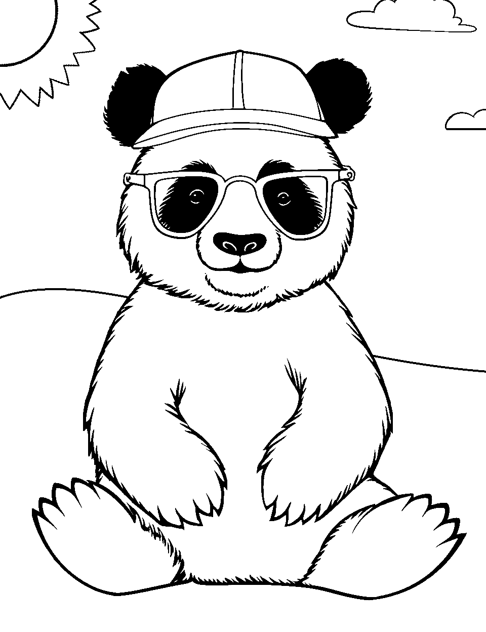 Cool Panda with Sunglasses Coloring Page - A cool panda chilling under the sun, wearing oversized sunglasses and a sun hat.