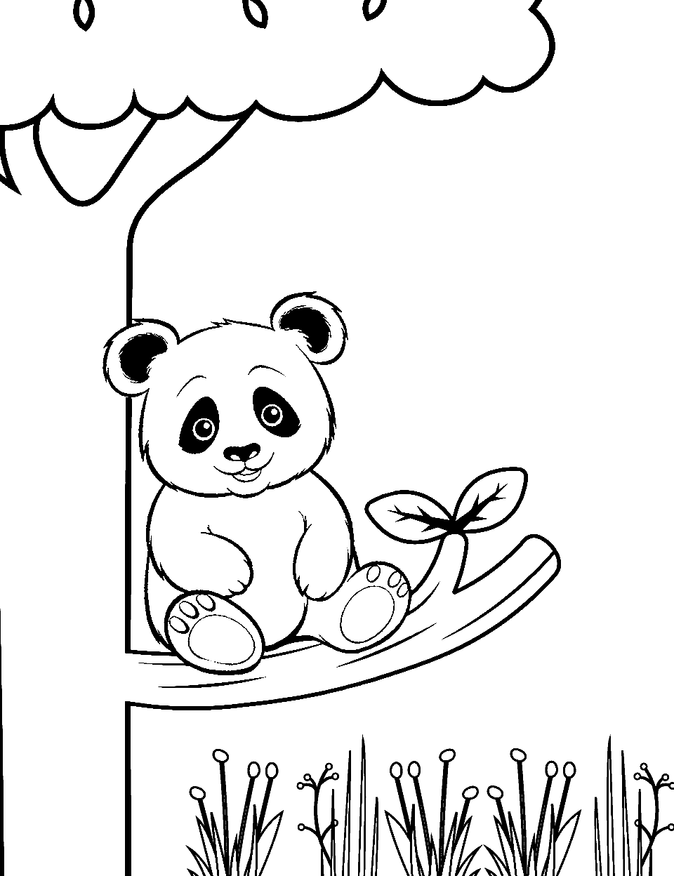 Curious Panda in a Tree Coloring Page - A panda exploring a sturdy tree branch, looking inquisitively at a distant object.