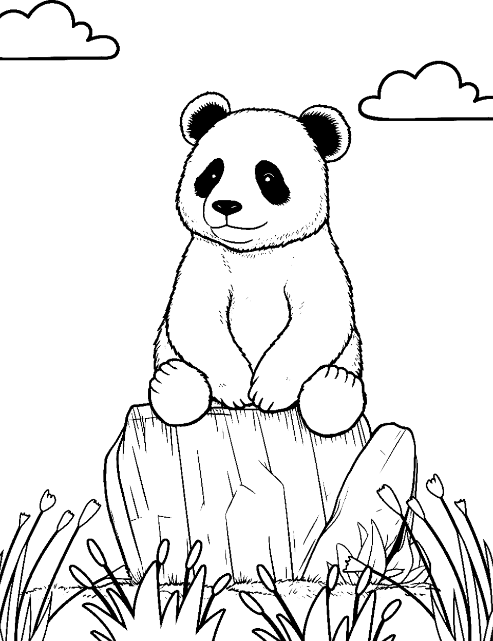 Panda on a Rock Coloring Page - A lonely panda sitting atop a rock, pondering while surrounded by serene nature.
